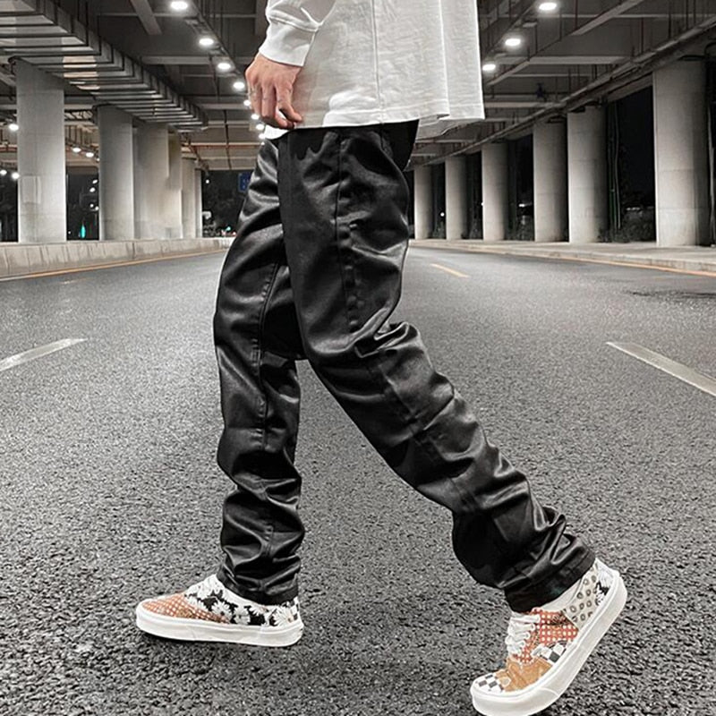 Black Jeans Men's Vibe Waxed Casual Trousers Straight Pockets Oversized Pencil Pants Loose Hip Hop Mens Pants