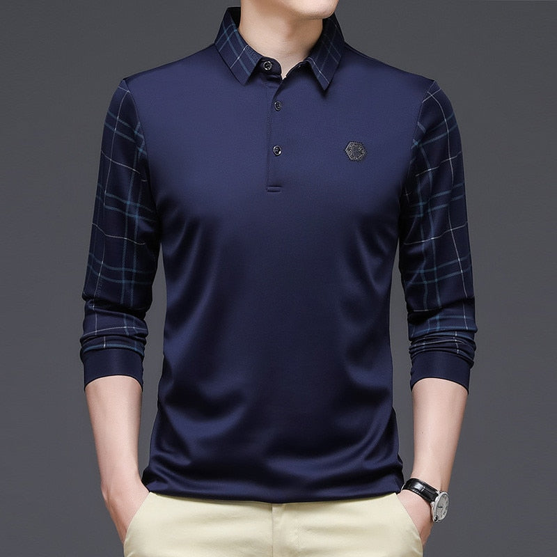 New Fashion Solid Polo Shirt Men Korean Fashion Clothing Long Sleeve Casual Fit Slim Man Polo Shirt Button Collar Tops