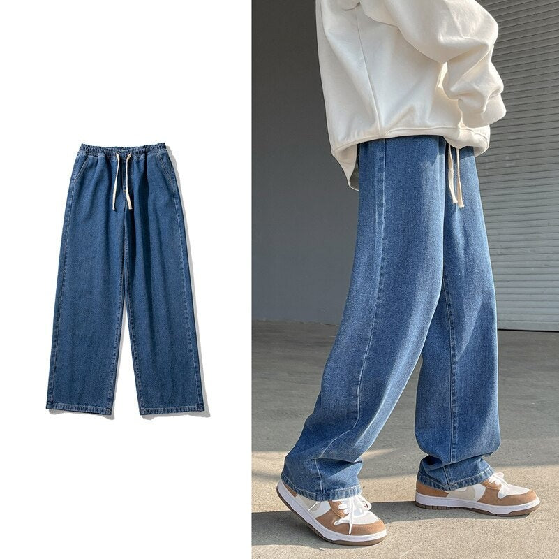 Spring New Streetwear Baggy Jeans Men Korean Fashion Elastic Waist Loose Straight-leg Denim Wide-leg Pants Male Black