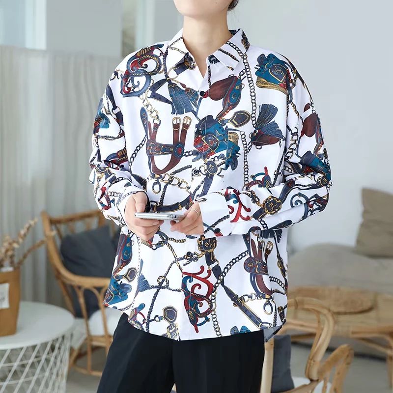 2023 New Beach Hawaiian Shirt for Men Long Sleeve Casual Loose Harajuku Floral Print Blouse Button Up Mens Shirts Streetwear