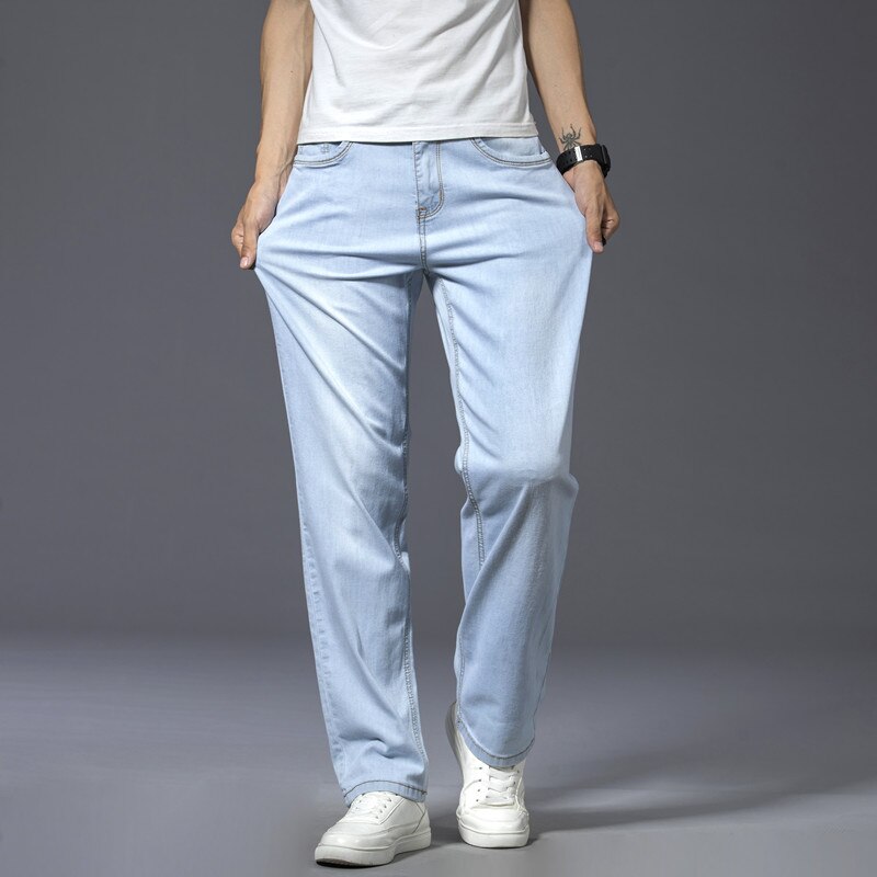 Summer New Business Casual Light Blue Jeans Comfortable and Soft High-quality Cotton Stretch Men's Straight Brand Trousers