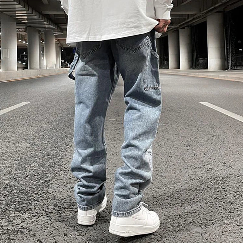 FORUWISH  -  Hip Hop Washed Blue Patchwork Cashew Flower Casual Men's Jeans Trousers Straight Retro High Street Oversized Baggy Denim Pants