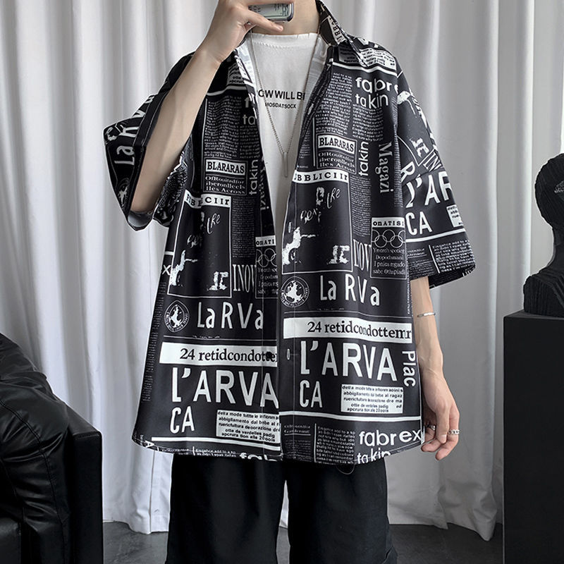 Newspaper Print Shirt Men's Japanese Loose Half Sleeve Blouses Summer Casual Stand Collar Tops For Teen Boys