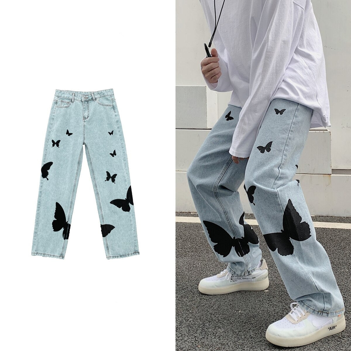 Autumn Butterfly Print Jean Pants Men Baggy Casual Jeans Denim Pants Fashion Streetwear Straight Trousers Couple Clothing