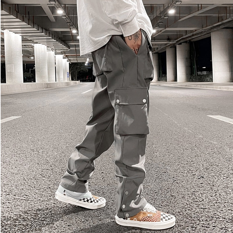 Multi-pocket Casual Trousers for Men and Women Side Breasted Drawstring Cargo Pants Harajuku Solid Loose Pants