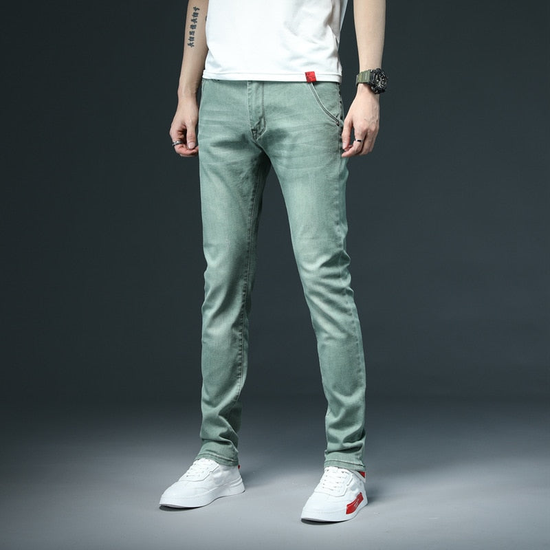 New Men's Skinny White Jeans Fashion Casual Elastic Cotton Slim Denim Pants Male Brand Clothing Black Gray Khaki