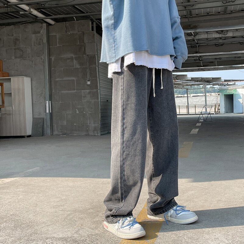 Spring New Streetwear Baggy Jeans Men Korean Fashion Elastic Waist Loose Straight-leg Denim Wide-leg Pants Male Black