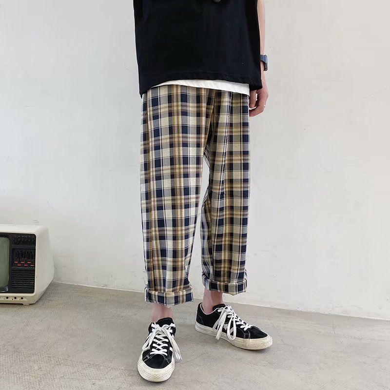 New Japanese Loose Cropped Pants Harajuke Plaid Casual Pants Autumn Korean Elastic Waist Wide Leg Pant