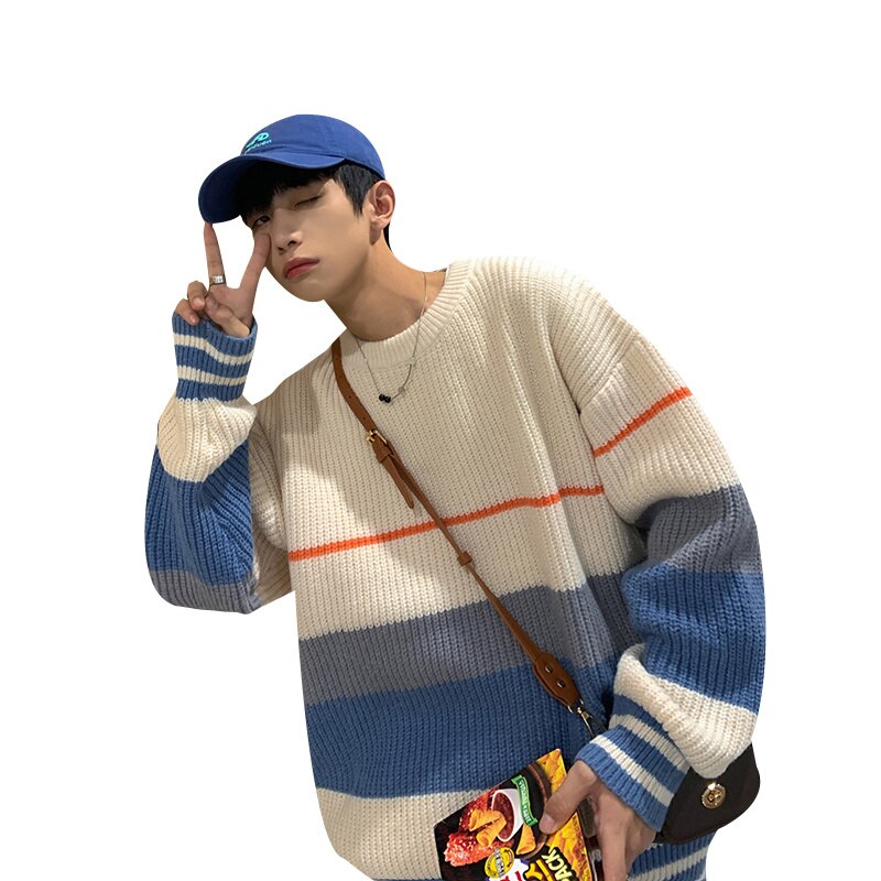 Striped sweater men's autumn and winter fashion brand loose color matching sweater coat versatile lazy wind thickened round neck