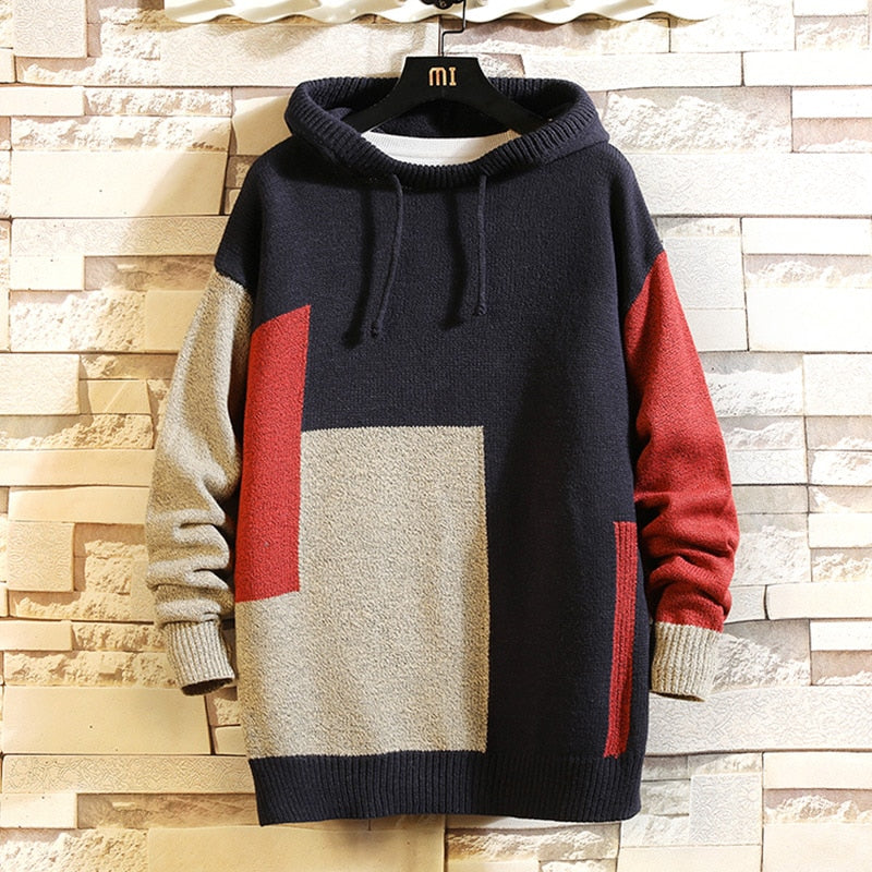 New Knitted Hooded Pullovers Men Patchwork Casual Sweater Mens Streetwear Fashion Hooded Sweaters Men Pullovers Plus Size M-5XL