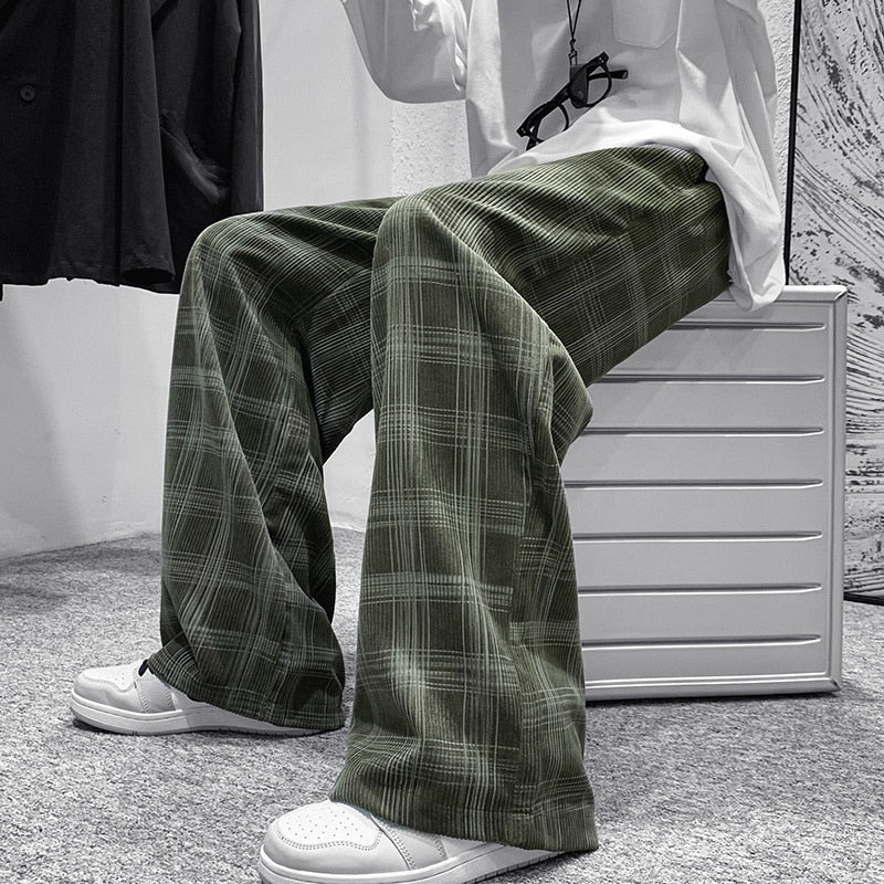 mens joggers pants men's spring and autumn chic Hong Kong style green plaid pants straight tube loose Vintage pants