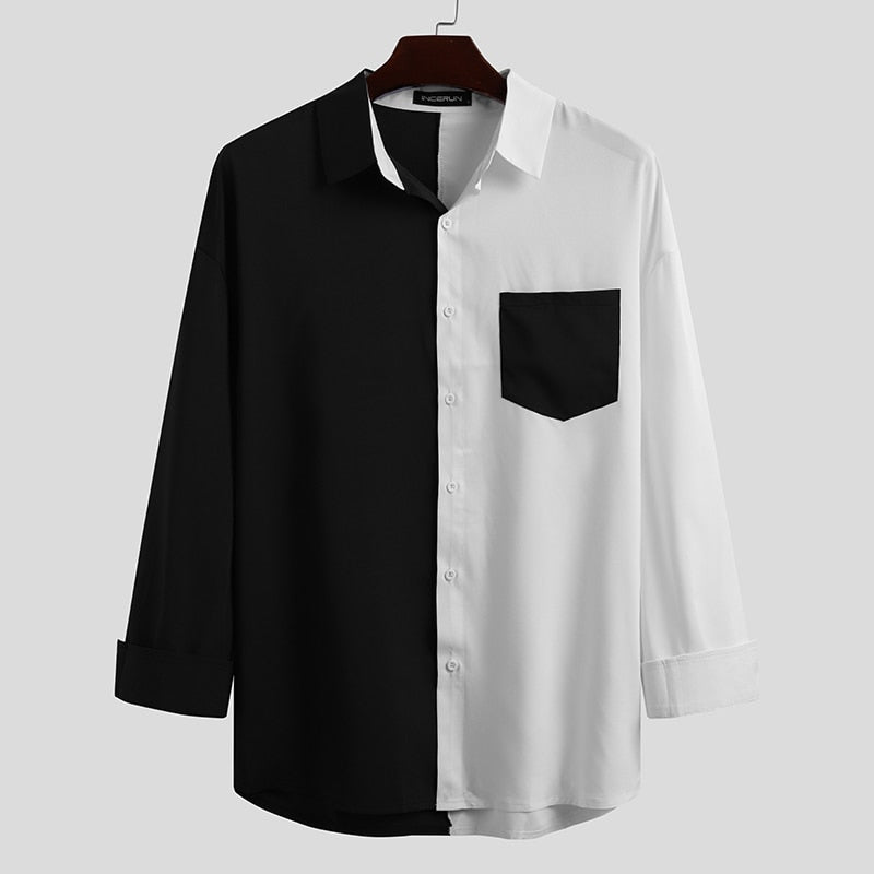 Men Shirt Brand Patchwork Long Sleeve Lapel Button Camisa Masculina 2023 Streetwear Fashion Korean Casual Shirts Tops