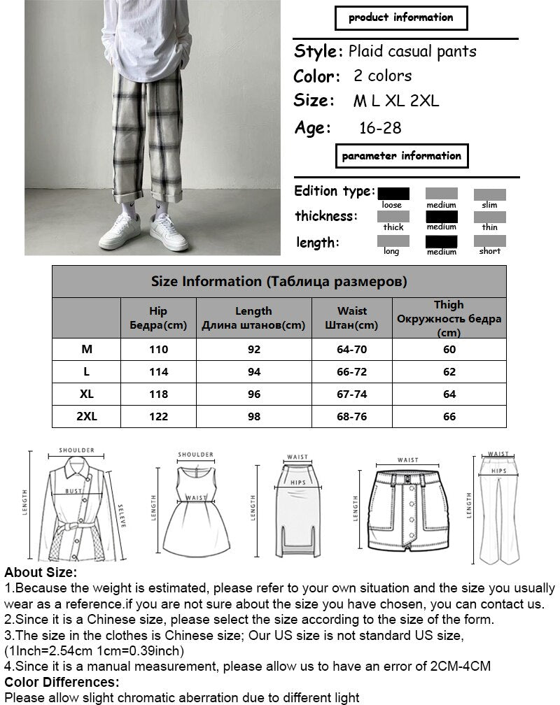 New Japanese Loose Cropped Pants Harajuke Plaid Casual Pants Autumn Korean Elastic Waist Wide Leg Pant