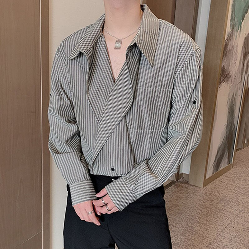 Korean Fashion Chic Striped Tops Men's New Loose Lapel Single Button Long Sleeve Casual Shirts Tide Autumn 2023