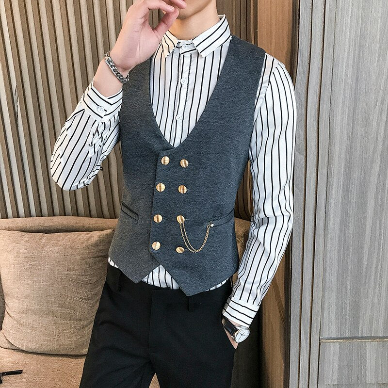 Dress vest men wedding suit vests double-breasted fashion classic wait coat for men business casual barber work vest male