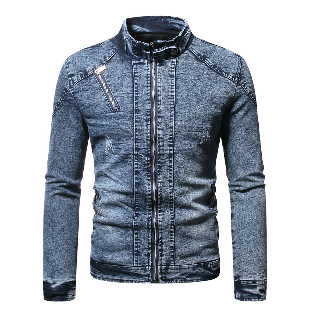 Fashion Spring Casual Jacket Mens Velvet Streetwear Denim Jacket  Stand Collar Jean Jackets Male Slim Fit Coat Outerwear