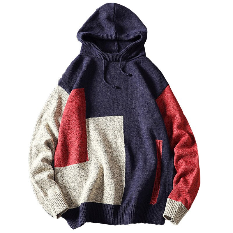 New Knitted Hooded Pullovers Men Patchwork Casual Sweater Mens Streetwear Fashion Hooded Sweaters Men Pullovers Plus Size M-5XL