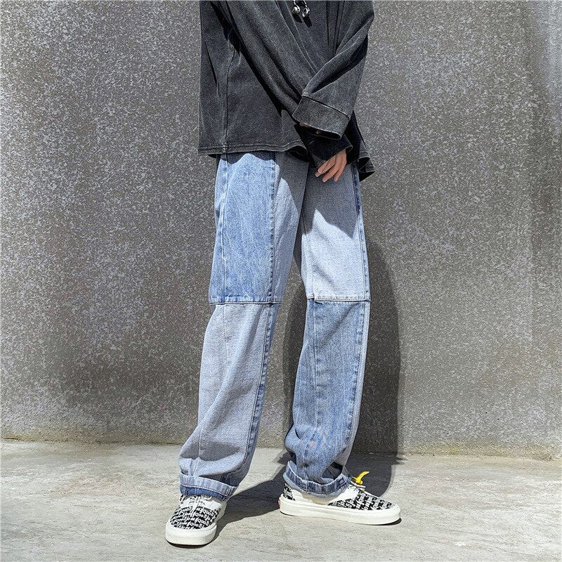 Korean Style Fashion Men's Denim Wide-leg Pants 2023 New Autumn Loose Straight-leg Jeans Paneled Denim Trousers Male