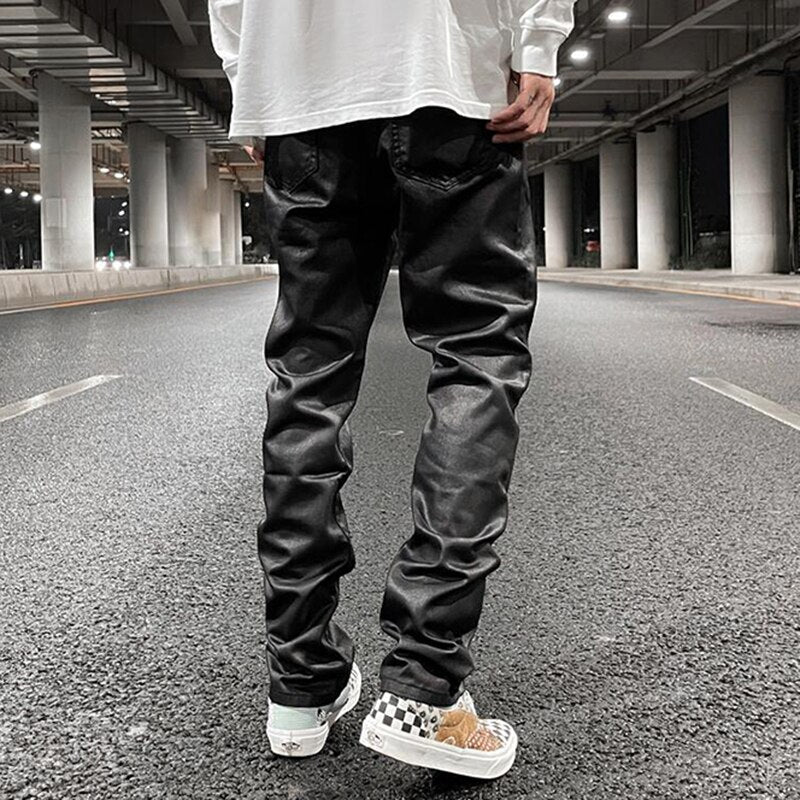 Black Jeans Men's Vibe Waxed Casual Trousers Straight Pockets Oversized Pencil Pants Loose Hip Hop Mens Pants