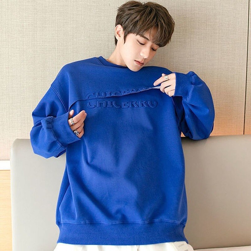 Fashion Blue Pullovers Hoodie Men Fall New Loose Long Sleeve Sweatshirts Letters Embossed Tops Couple Clothes