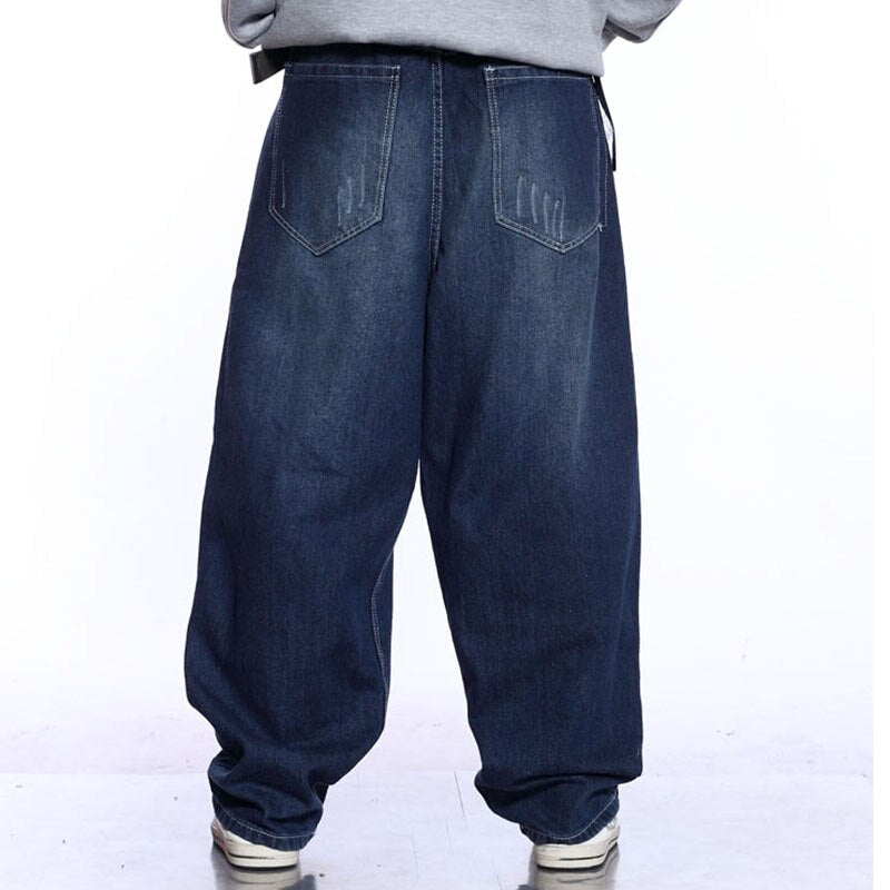 Men Wide Leg Blue Jeans Hip Hop Streetwear Plus Size Bleached Baggy Fit Skateboarder Denim Pants