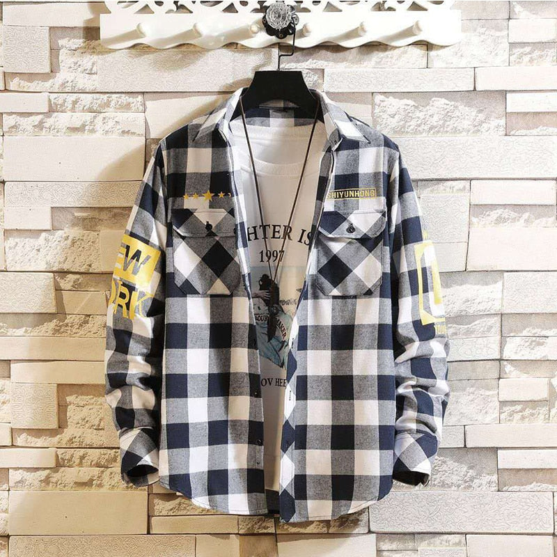 Men's Streetwear Thick Shirts Men Clothing Harajuku Color Block Plaid Shirt  Long Sleeve Male Vintage Korean Fashions Clothes