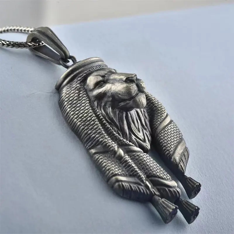 Men's Lion Necklace, Arabian Lion Head Pendant Necklace with 25.5"Chain, Hip Hop Lion Tag Necklace, Lion Jewelry Gift Men’s Gift