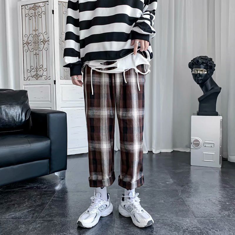 New Japanese Loose Cropped Pants Harajuke Plaid Casual Pants Autumn Korean Elastic Waist Wide Leg Pant