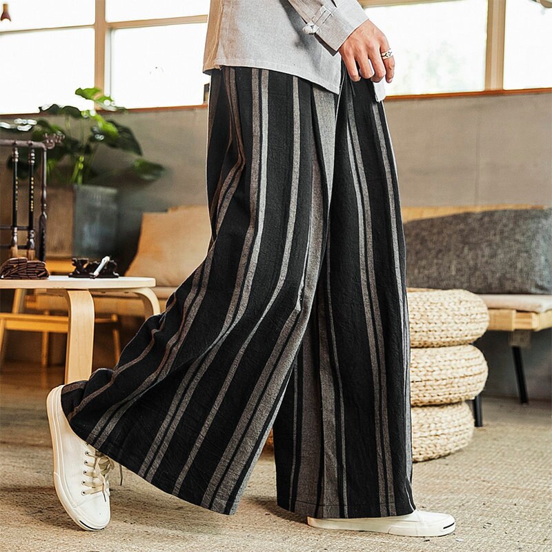 Streetwear Men’s Wied Leg Pants 2023 Striped Man Casual Loose Cotton Linen Trousers Male High Quality Jogger Sweatpants 3XL