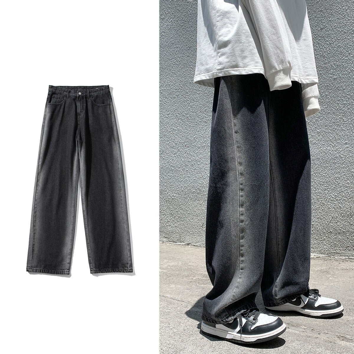 Spring New Men's Denim Wide-leg Pants Streetwear Korean Fashion Gradient Baggy Jeans Loose Straight-leg Trousers Black Blue