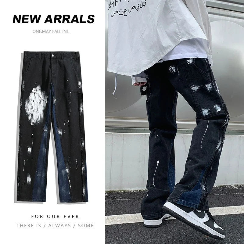 High Street Pants American Street Skateboard Washed Splash Jeans Men's Floor Pants Streetwear Hiphop Panic Buying Denim Men