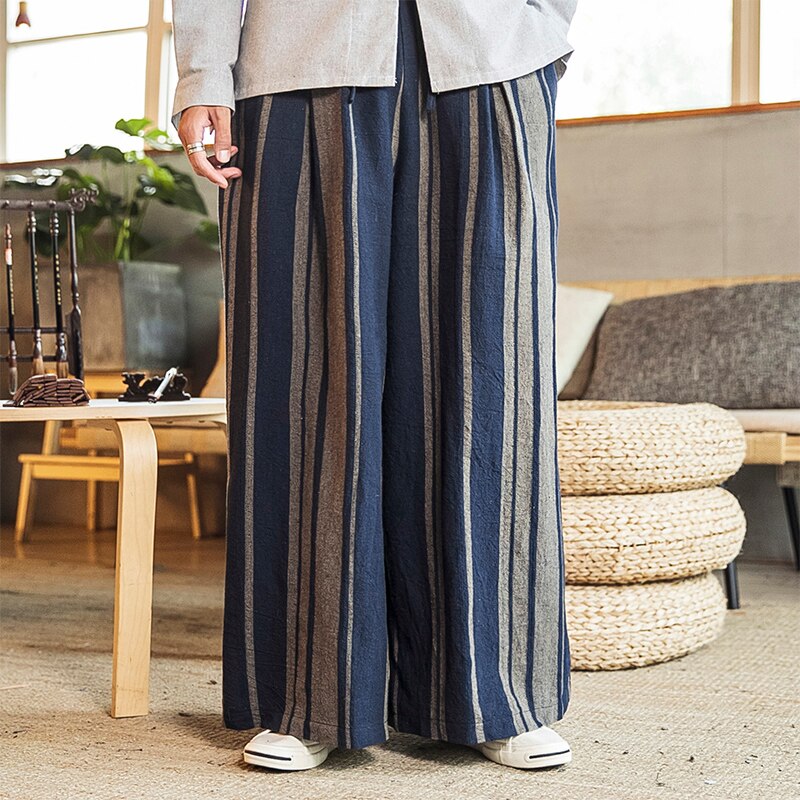 Streetwear Men’s Wied Leg Pants 2023 Striped Man Casual Loose Cotton Linen Trousers Male High Quality Jogger Sweatpants 3XL