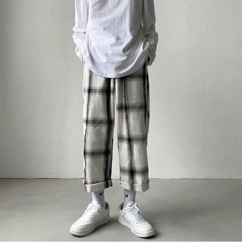 New Japanese Loose Cropped Pants Harajuke Plaid Casual Pants Autumn Korean Elastic Waist Wide Leg Pant