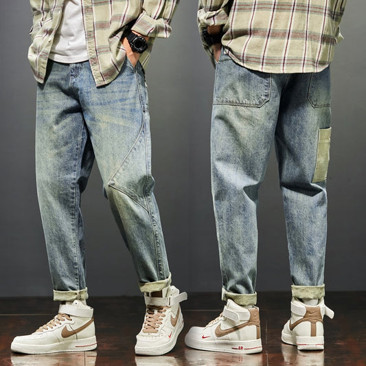 Jeans Men Loose Fit Retro Blue Autumn Wide Leg Pants Denim Trousers Korean Style Fashion Side Pocket Male Baggy Pants