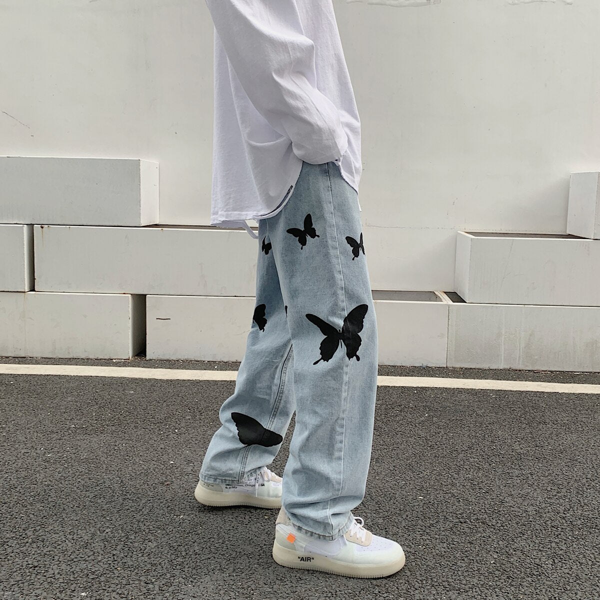 Autumn Butterfly Print Jean Pants Men Baggy Casual Jeans Denim Pants Fashion Streetwear Straight Trousers Couple Clothing