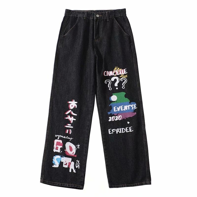 Trendy brand new hip hop graffiti street straight tube wide leg dad loose ins jeans for men and women streetwear hiphop