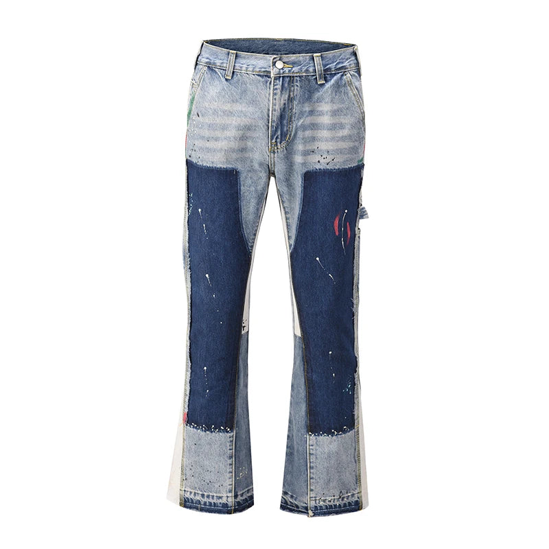 FORUWISH  -  High Street Color Block Spliced Washed Jeans Mens Oversize Wide Leg Straight Denim Flare Pants Retro Loose Casual Trousers