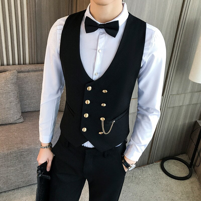 Dress vest men wedding suit vests double-breasted fashion classic wait coat for men business casual barber work vest male