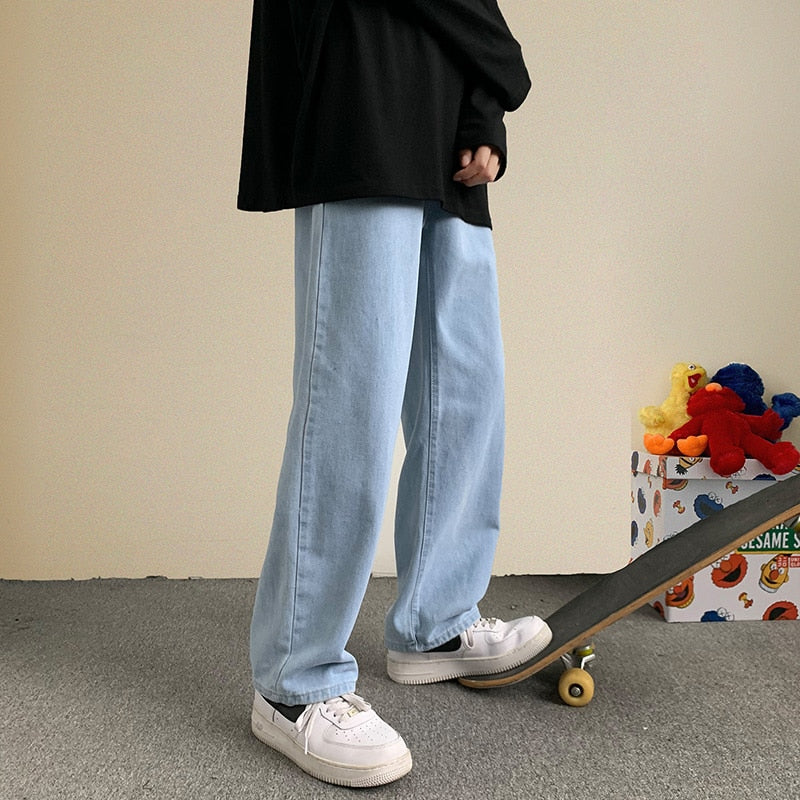 Men's Hip Hop Loose Jeans Autumn New Streetwear Straight Baggy Wide Leg Pants Male Brand Trousers Light Blue