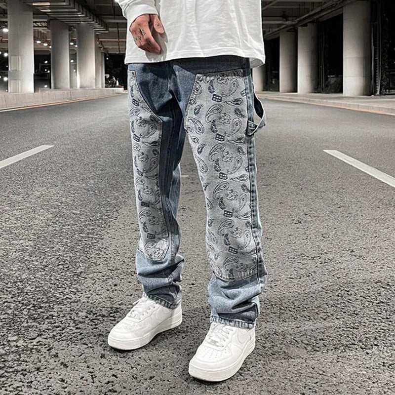 FORUWISH  -  Hip Hop Washed Blue Patchwork Cashew Flower Casual Men's Jeans Trousers Straight Retro High Street Oversized Baggy Denim Pants