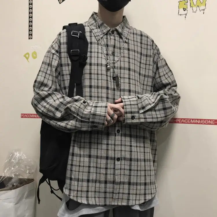 Ootdstudio Korean Ins Versatile Plaid Loose Oversize Long Sleeve Shirt for Men and Camisa Masculina Gray Shirts