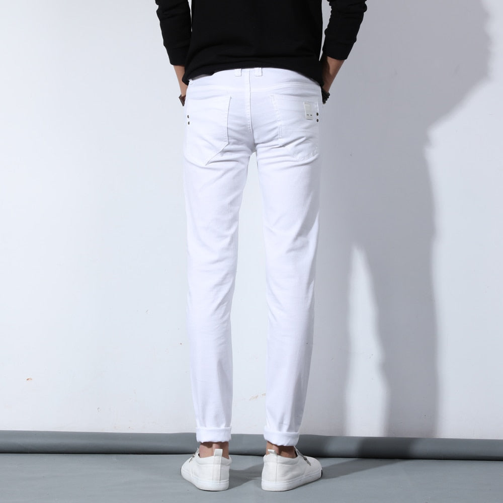 Autumn Men's Pure White Cotton Jeans Fashion Casual Slim Stretch Pants Male Brand Clothes