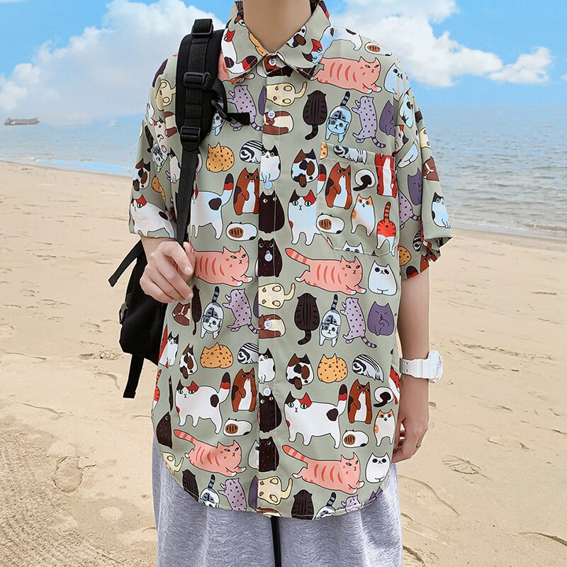 Hawaiian cartoon short sleeve shirt men's summer fashion brand inspi Shuai thin loose cotton half sleeve camisa streetwear