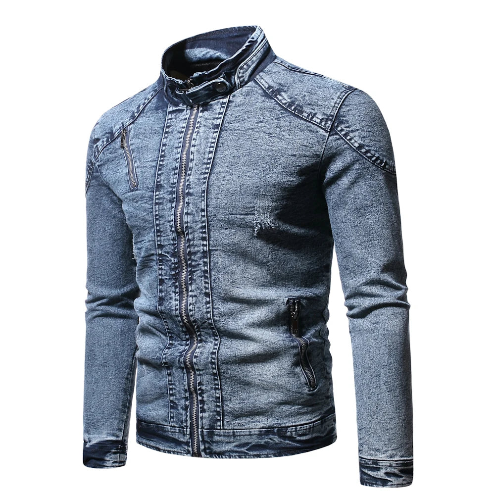 Fashion Spring Casual Jacket Mens Velvet Streetwear Denim Jacket  Stand Collar Jean Jackets Male Slim Fit Coat Outerwear