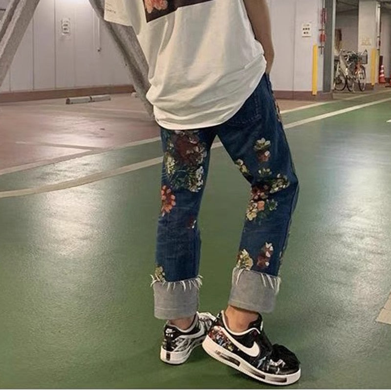 Hand Painted Floral Jeans Mens Straight Oversized Retro Casual Denim Pants Loose Washed Ripped Jean Trousers