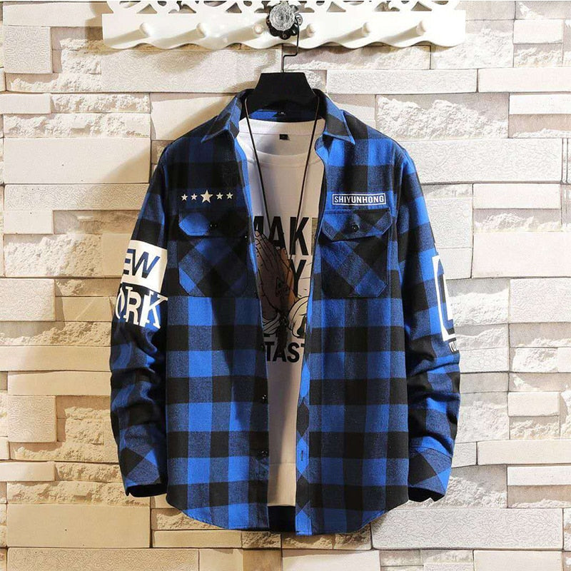 Men's Streetwear Thick Shirts Men Clothing Harajuku Color Block Plaid Shirt  Long Sleeve Male Vintage Korean Fashions Clothes