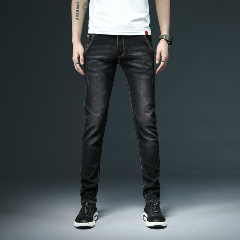 New Men's Skinny White Jeans Fashion Casual Elastic Cotton Slim Denim Pants Male Brand Clothing Black Gray Khaki