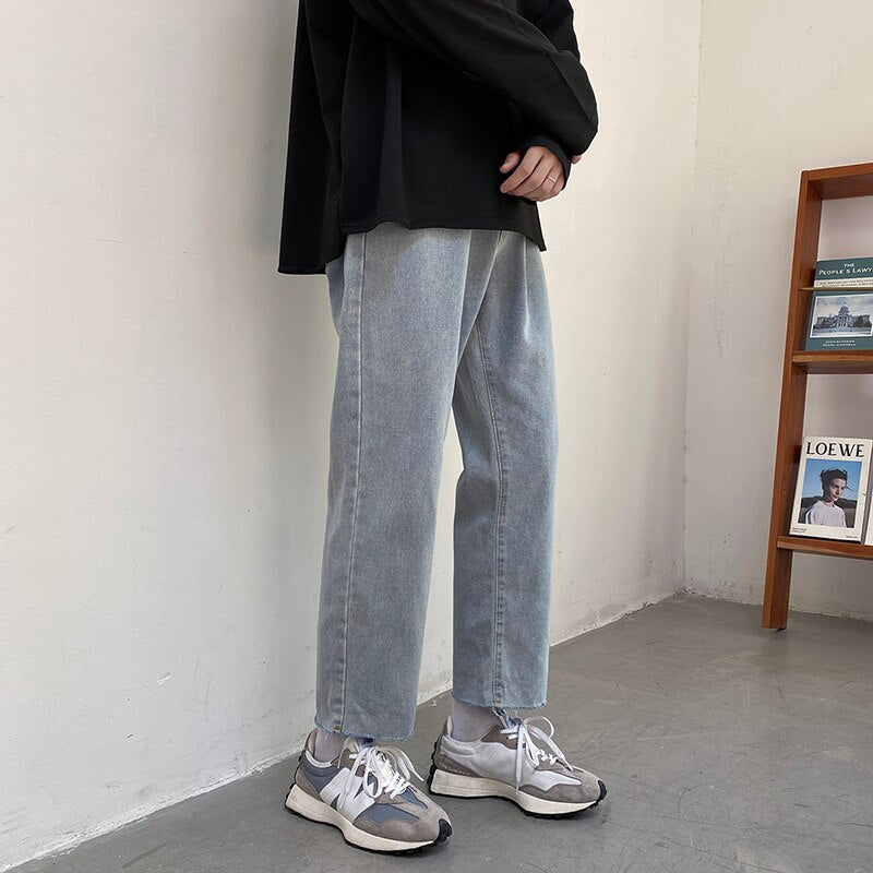 Men's Streetwear Smoky Gray Baggy Jeans Autumn New Korean Fashion Straight Denim Cropped Trousers Wide Leg Pants Male