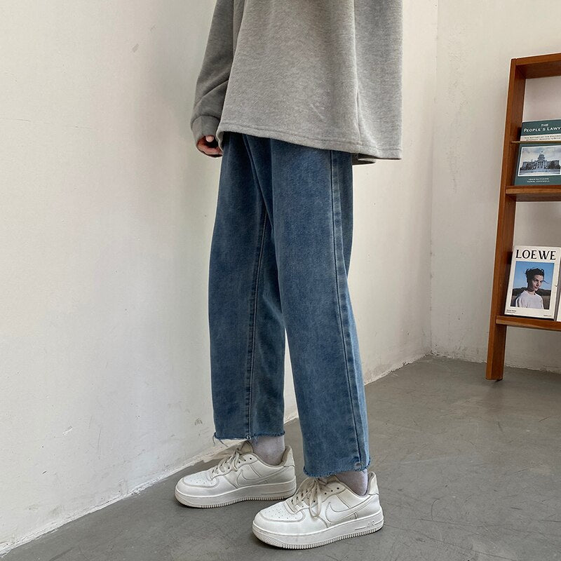 Men's Streetwear Smoky Gray Baggy Jeans Autumn New Korean Fashion Straight Denim Cropped Trousers Wide Leg Pants Male