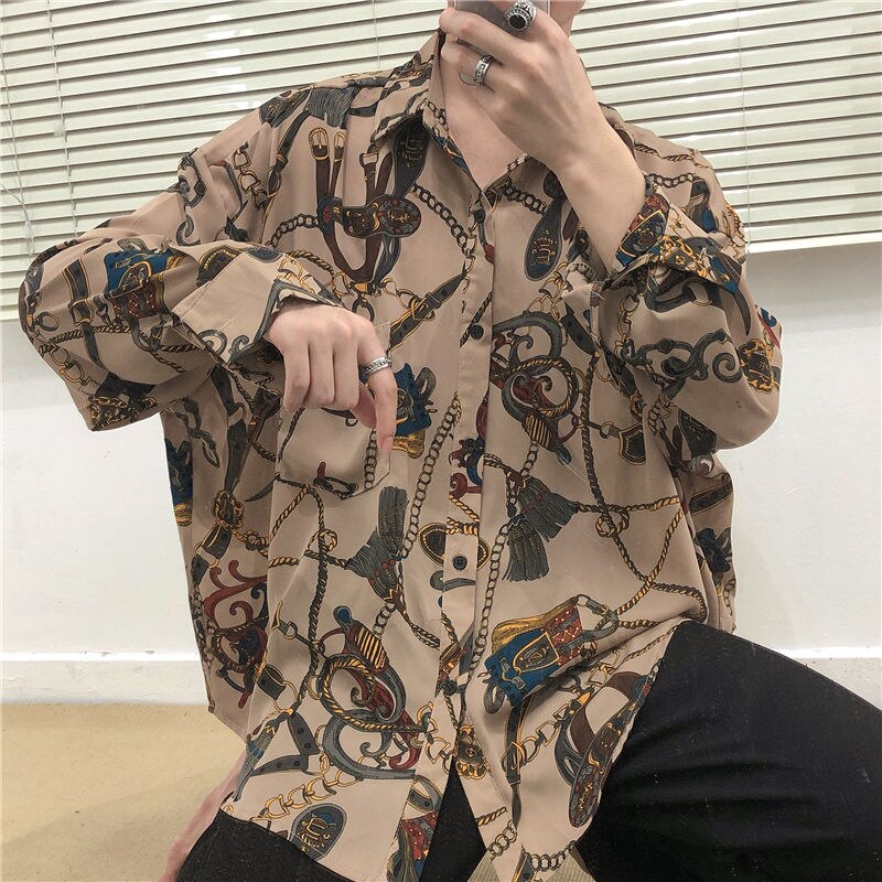 2023 New Beach Hawaiian Shirt for Men Long Sleeve Casual Loose Harajuku Floral Print Blouse Button Up Mens Shirts Streetwear